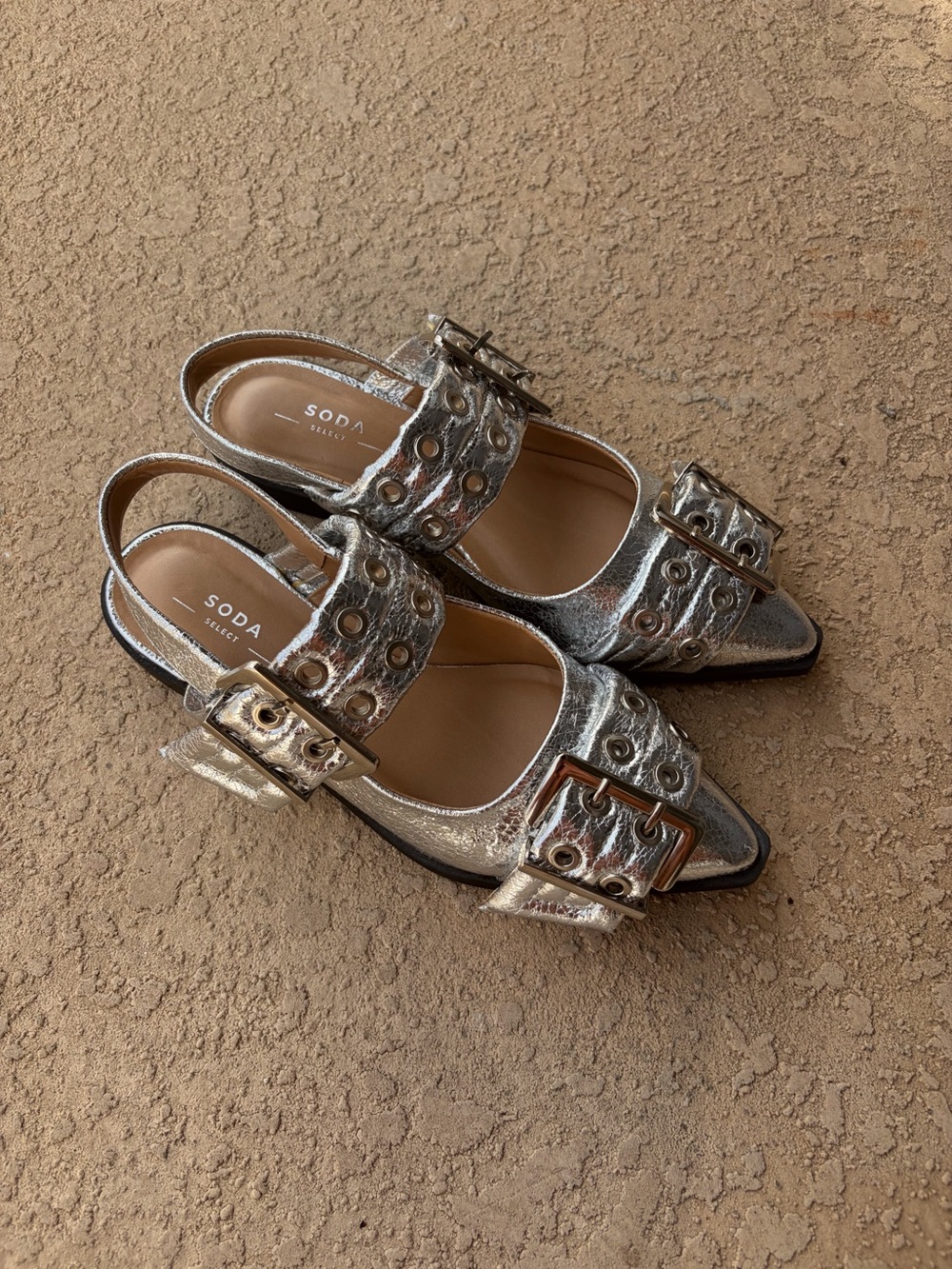 Vintage inspired Silver Metallic Buckle Slingback Mules